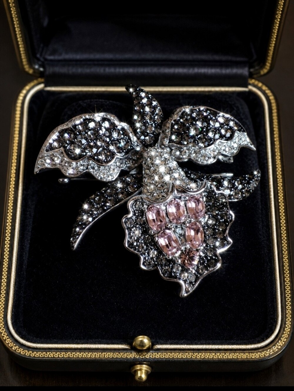 Nolan Miller Crystal Rhinestone Orchid Flower Brooch Vintage Smoke Pink Stones